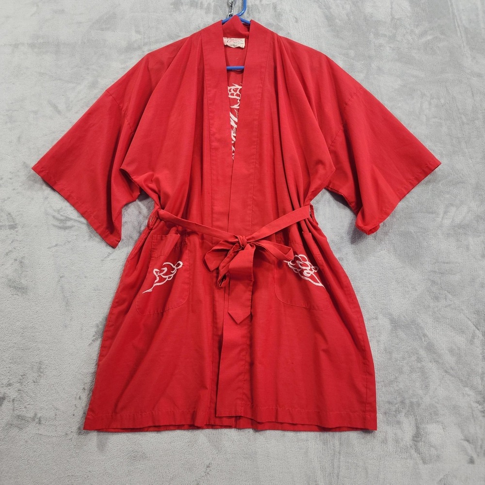 Vintage Plum Blossom Robe Womens S Red Embroidered Belted Kimono Chinese Dragon